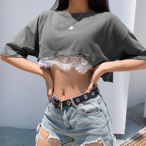Lace Detailed Gray Crop Top